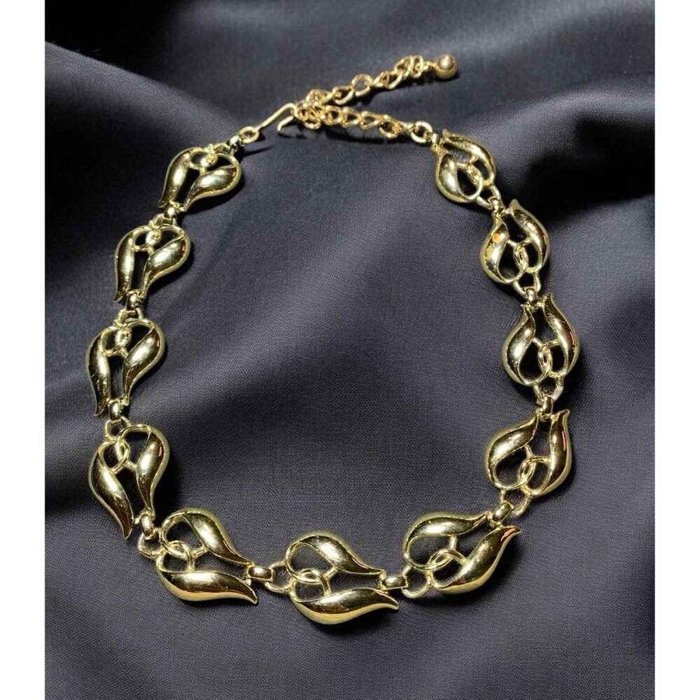 VTG 50s Coro Gold-Tone Linked Shell Heart Leaf Necklace Adjustable Chocker